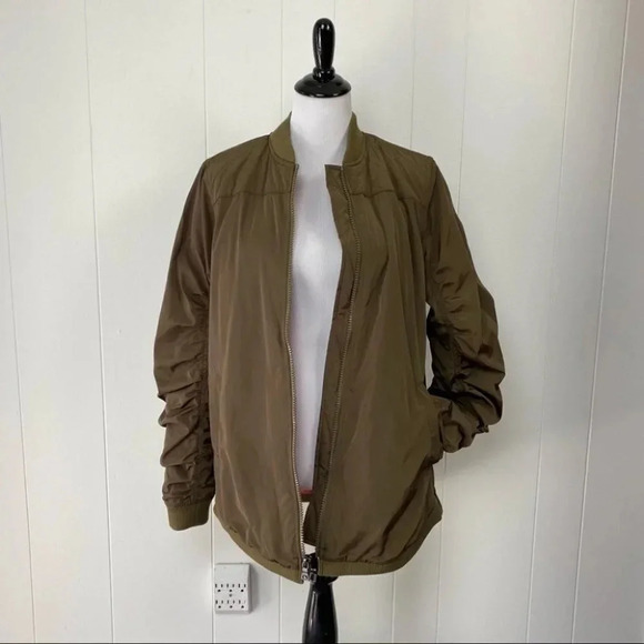 LOGO Lori Goldstein Bomber Jacket Side Zips Green Ruched Sleeves A342789 Small - Picture 1 of 15